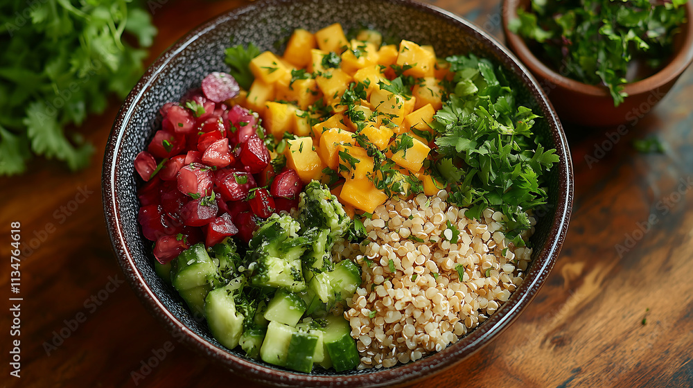 Colorful top-down view of a fresh salad bowl with quinoa, fruits, and herbs at a local market in the afternoon Colorful top-down view of a fresh salad bowl with quinoa, fruits, and herbs at a local market in the afternoon