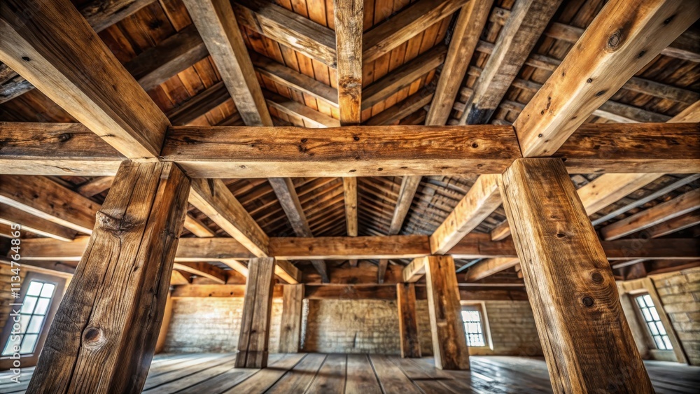 Obraz premium A view of the intricate wooden beams and supports of an old attic, showcasing the craftsmanship of bygone eras