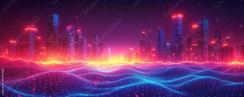 Futuristic Cyberpunk Skyline Digital Background for Technology Communication Data Transfer and Artificial Intelligence Futuristic Cyberpunk Skyline Digital Background for Technology Communication Data Transfer and Artificial Intelligence