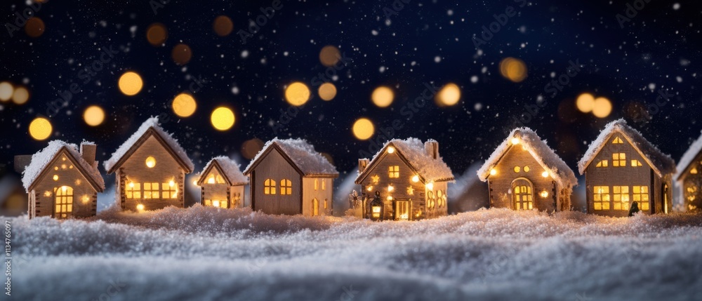 Enchanting Winter Village Scene with Illuminated Houses in Snowy Landscape Enchanting Winter Village Scene with Illuminated Houses in Snowy Landscape
