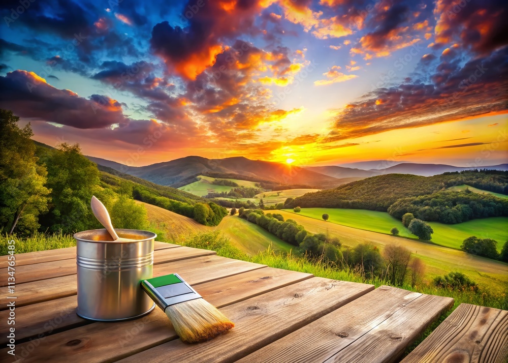 Obraz premium Captivating Landscape Scene Featuring a Paint Can and Brush Set Against a Scenic Backdrop of Lush Green Hills and a Vibrant Sunset Sky for Artistic Inspiration