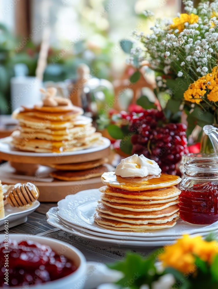 Close Up of Delicious Pancakes Table Setting - A tempting close-up of a table set with fluffy pancakes, drizzled honey, whipped cream, and berry preserves. Symbolizing: sweetness, togetherness, break Close Up of Delicious Pancakes Table Setting - A tempting close-up of a table set with fluffy pancakes, drizzled honey, whipped cream, and berry preserves. Symbolizing: sweetness, togetherness, break