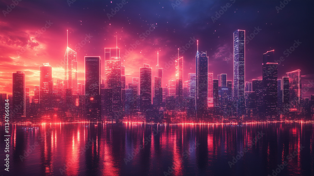 Fototapeta premium Dramatic sunset over a futuristic city skyline featuring smart buildings and technology