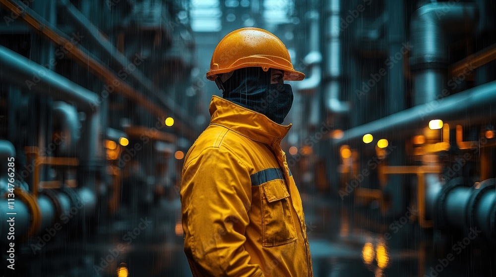 Construction Worker Inspecting Machinery with Tablet in Industrial Facility Construction Worker Inspecting Machinery with Tablet in Industrial Facility