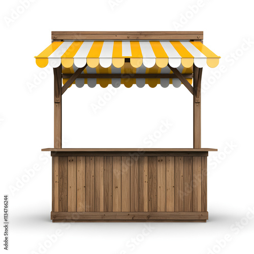 Realistic market stall booth, isolated 3d  empty wooden stall with striped canopy