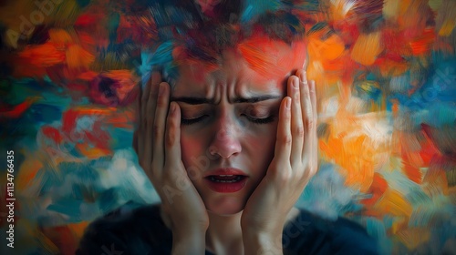 teenager thinking only of his room with his hands on his head, above him in a cloud to see his thoughts of anxiety, loneliness, fear generative ai