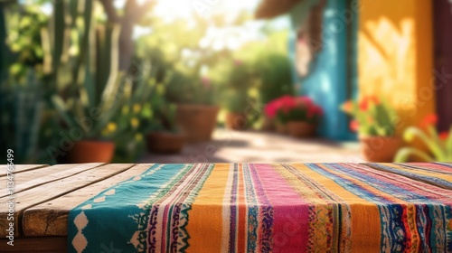 Wooden table with traditional mexican tablecloths, traditional mexican house background