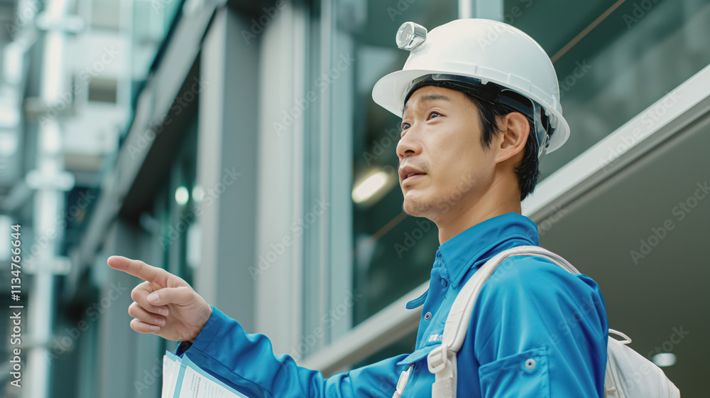 Construction worker in a blue uniform and hard hat, pointing towards a building, focused and professional Construction worker in a blue uniform and hard hat, pointing towards a building, focused and professional