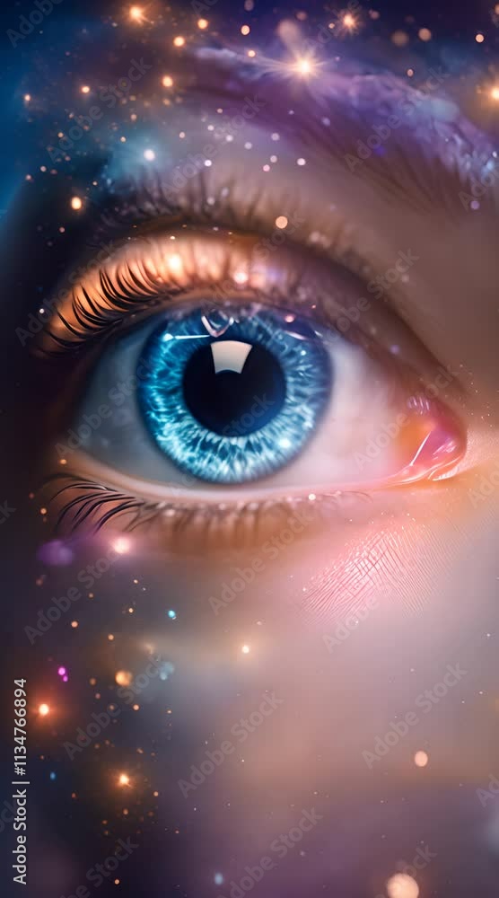 A giant eye with a twinkling, starry sky as the iris, and the turning planet Earth as the pupil A giant eye with a twinkling, starry sky as the iris, and the turning planet Earth as the pupil