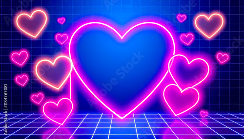 Futuristic neon heart shaped frame with glowing pink hearts and grid on dark blue background. Perfect for romantic digital designs, social media posts, or Valentine s Day promotions. Mockup