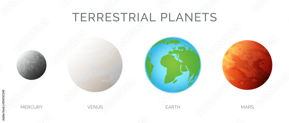 Fototapeta premium Terrestrial Planets Illustration with Mercury, Venus, Earth and Mars Planet Isolated on White Background