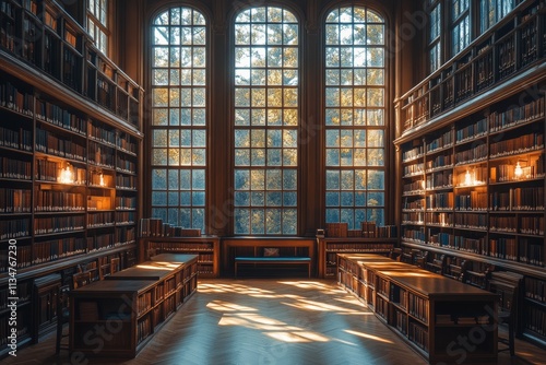 A library interior with sunlight streaming through tall windows, highlighting rows of bookshelves. Generative AI