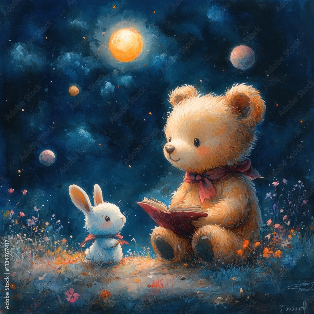 Dreamy Space Adventure with Cute Bear and Rabbit in Night Sky Watercolor Illustration Dreamy Space Adventure with Cute Bear and Rabbit in Night Sky Watercolor Illustration