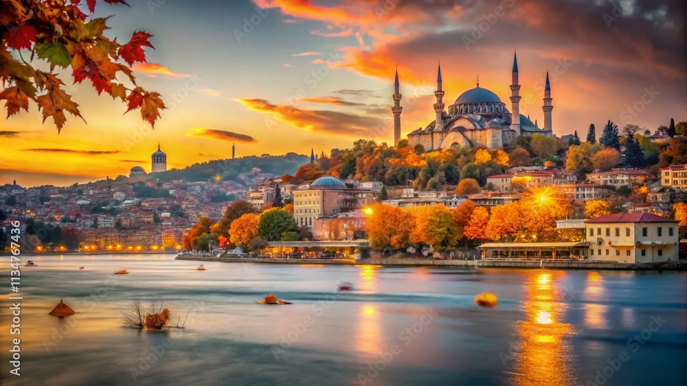 Fototapeta premium Captivating Long Exposure of Autumn in Istanbul Showcasing Colorful Leaves and Historic Architecture Along the Bosphorus with Soft Water Flow and Vibrant Sky at Dusk