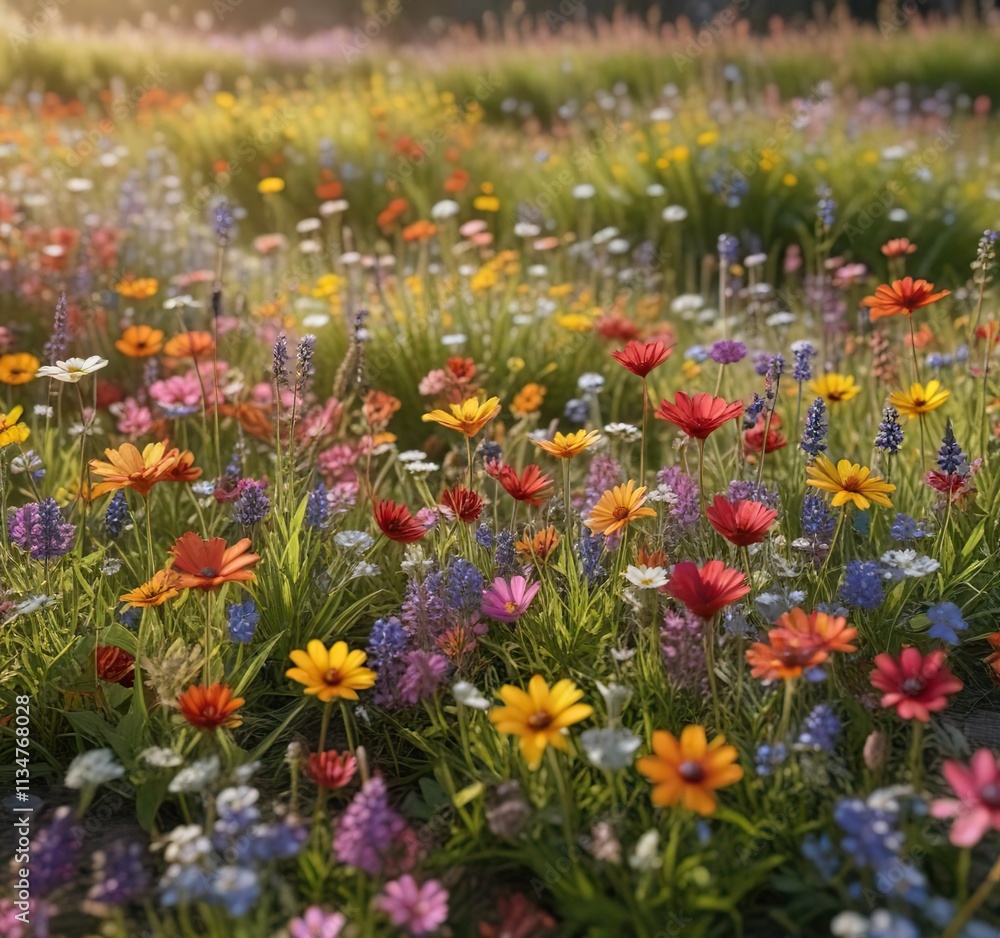 Fototapeta premium Colorful array of wildflowers in a sunlit meadow, colorful flowers, wildflower meadow