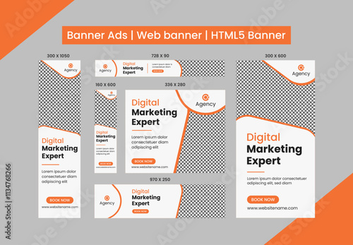 HTML5 banner ads design web template Set, Horizontal header web banner. Editable Google display ads banner set template	