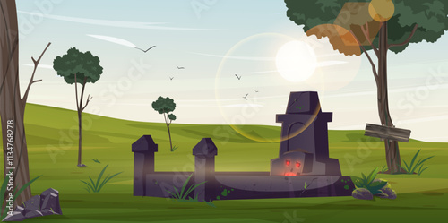 cemetery scene with cartoon scenery