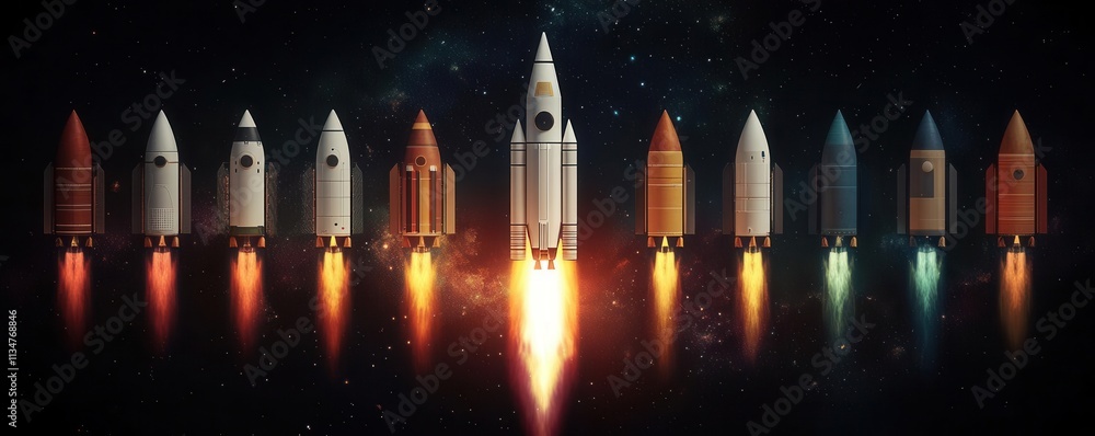 A captivating lineup of rockets launching into space, showcasing various designs and colors against a dark, starry background. A captivating lineup of rockets launching into space, showcasing various designs and colors against a dark, starry background.