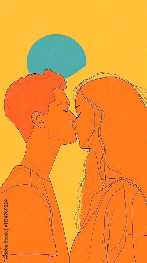 Simple line art of a couple sharing a tender moment, minimalist style with bright colors Simple line art of a couple sharing a tender moment, minimalist style with bright colors