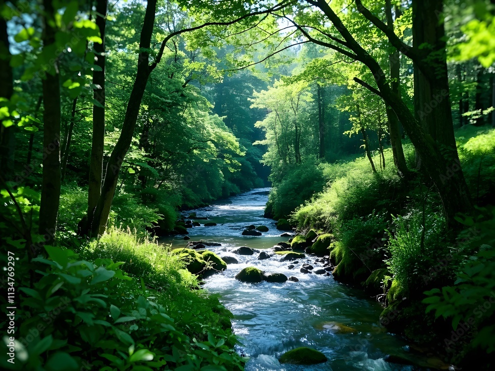 Fototapeta premium Serene Forest Stream with Dappled Sunlight