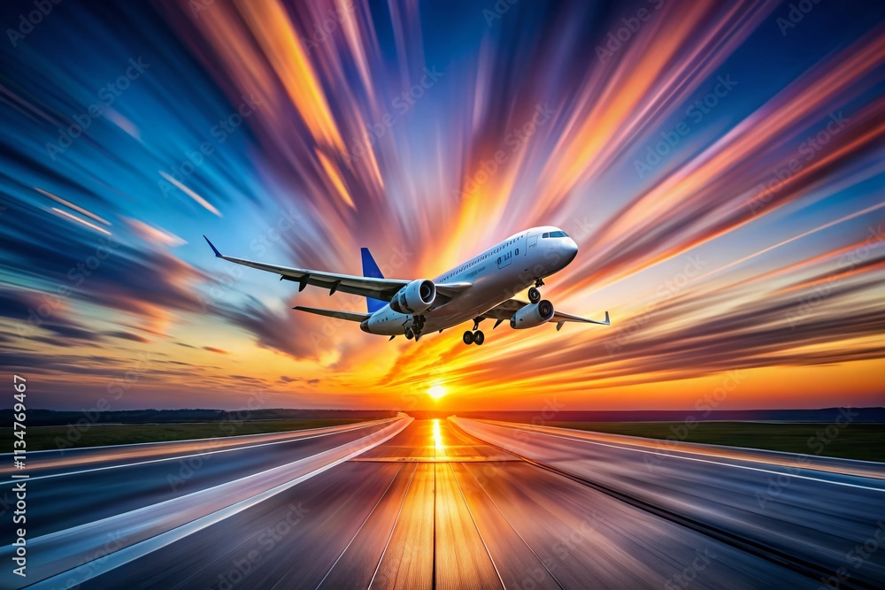 Captivating Long Exposure Photograph of an Airplane, Showcasing Dynamic Motion and Sleek Design Against a Beautiful Sky at Dusk Captivating Long Exposure Photograph of an Airplane, Showcasing Dynamic Motion and Sleek Design Against a Beautiful Sky at Dusk