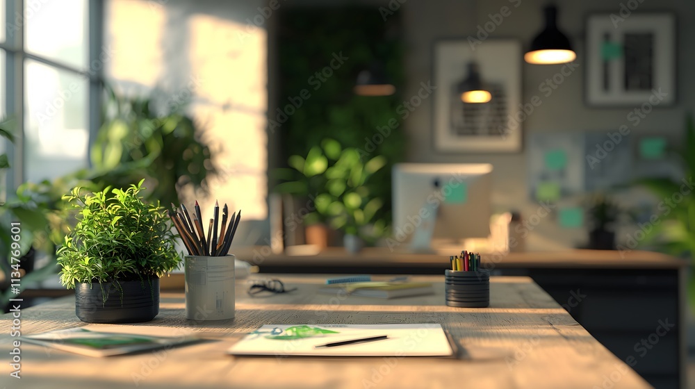 A modern office featuring a sustainable desk setup with recycled pens and paper. The soft lighting and clean design reflect an eco-conscious workplace. A modern office featuring a sustainable desk setup with recycled pens and paper. The soft lighting and clean design reflect an eco-conscious workplace.