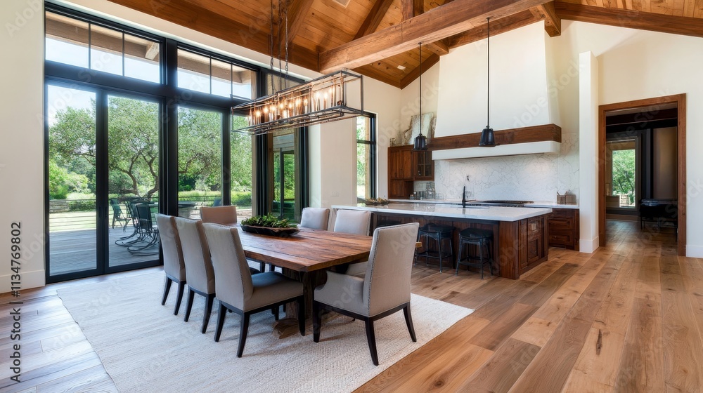 Cozy Farmhouse Kitchen and Dining Area Design - Rustic charm meets modern elegance in this farmhouse kitchen and dining area. Natural light floods the space, highlighting the wood beams, large window Cozy Farmhouse Kitchen and Dining Area Design - Rustic charm meets modern elegance in this farmhouse kitchen and dining area. Natural light floods the space, highlighting the wood beams, large window