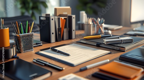 An organized desk with recycled office supplies including pens, notebooks, and folders, giving an eco-friendly, professional look.