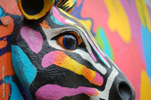 Vibrant abstract artwork featuring a bold zebra head in colorful design elements photo