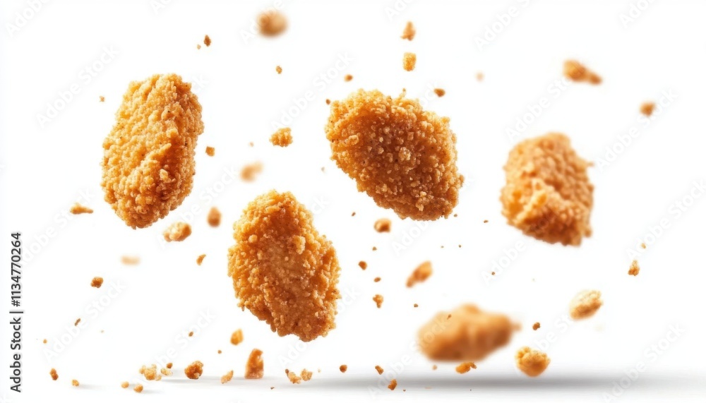 Crispy golden nuggets in free fall, showcasing their delicious texture. Crispy golden nuggets in free fall, showcasing their delicious texture.