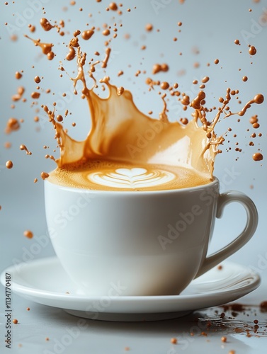 Coffee art with splashes of espresso and cream captured in a moment of dynamic motion in a white cup on a neutral background photo