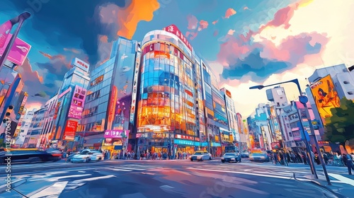Ximending intersection area, a digital painting of landscape of public landmark shopping street and business building in Taipei city, Taiwan raster 3D illustration anime background.