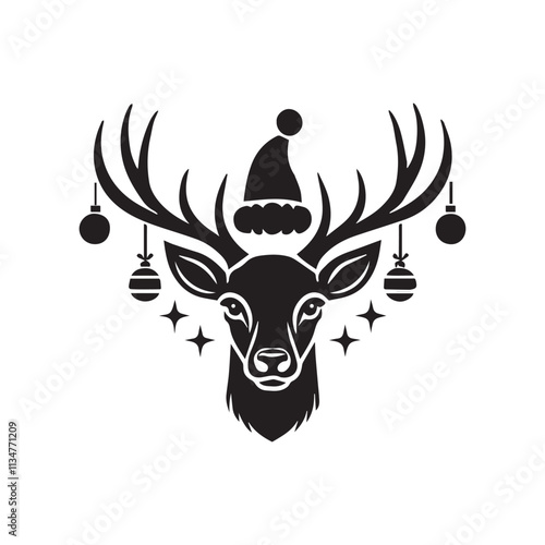 Christmas deer face vector logo mascot design. Flat design. A black and white deer with a geometric pattern on its face and antlers on its head, with a white background