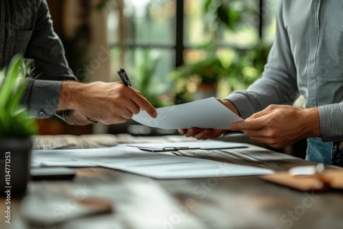 Business Negotiation Document Signing Between Realtor and Tenant in Modern Office