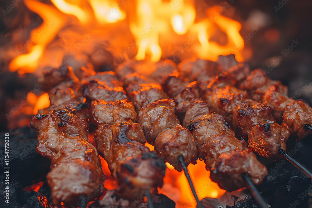 Juicy grilled meat skewers cooking over an open fire, close-up view. Juicy grilled meat skewers cooking over an open fire, close-up view.