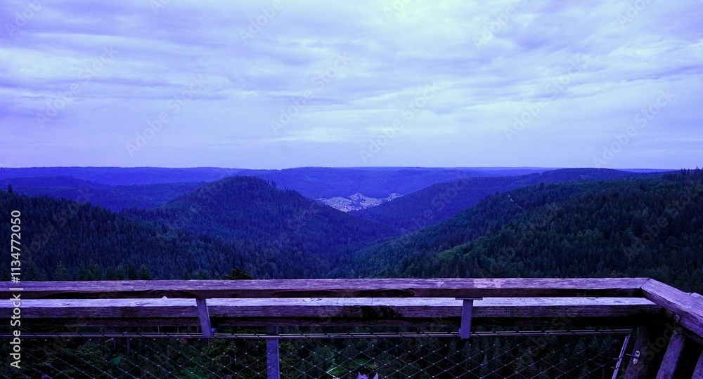 Fototapeta premium Wooden observation deck with panoramic view over the Ellbachsee lake in the northern Black Forest near Freudenstadt in Germany at dusk, Ellbachseeblick