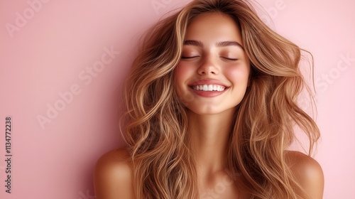 Joyful young woman with flowing hair smiles against a pastel pink backdrop, radiating happiness and confidence during a casual portrait session