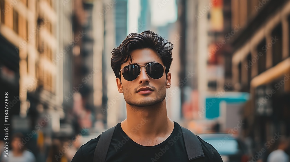 Young Man Wearing Sunglasses in a City Street Young Man Wearing Sunglasses in a City Street