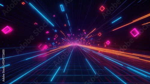 Futuristic Neon Geometric Landscape with Vibrant Light Trails and Cyberpunk Aesthetics in a High Contrast Scene