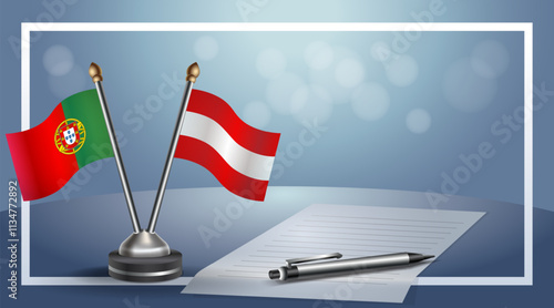 Portugal and Austria National flags on small table with bokeh background, cooperative relationship