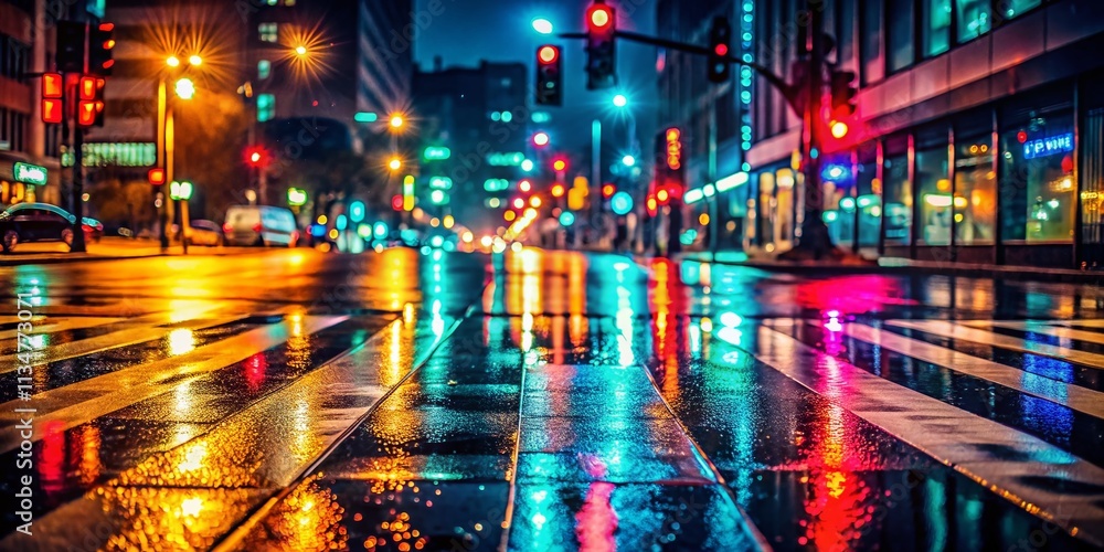 Captivating Low Light Photography of a Pedestrian Crossing on a City Street at Night, Showcasing Vibrant Traffic Lights and Reflections on Wet Pavement Captivating Low Light Photography of a Pedestrian Crossing on a City Street at Night, Showcasing Vibrant Traffic Lights and Reflections on Wet Pavement
