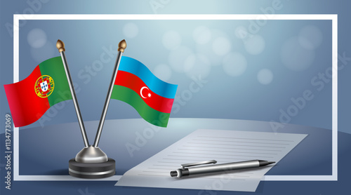 Portugal and Azerbaijan National flags on small table with bokeh background, cooperative relationship