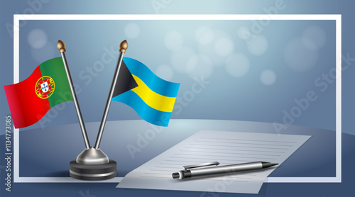 Portugal and Bahamas National flags on small table with bokeh background, cooperative relationship