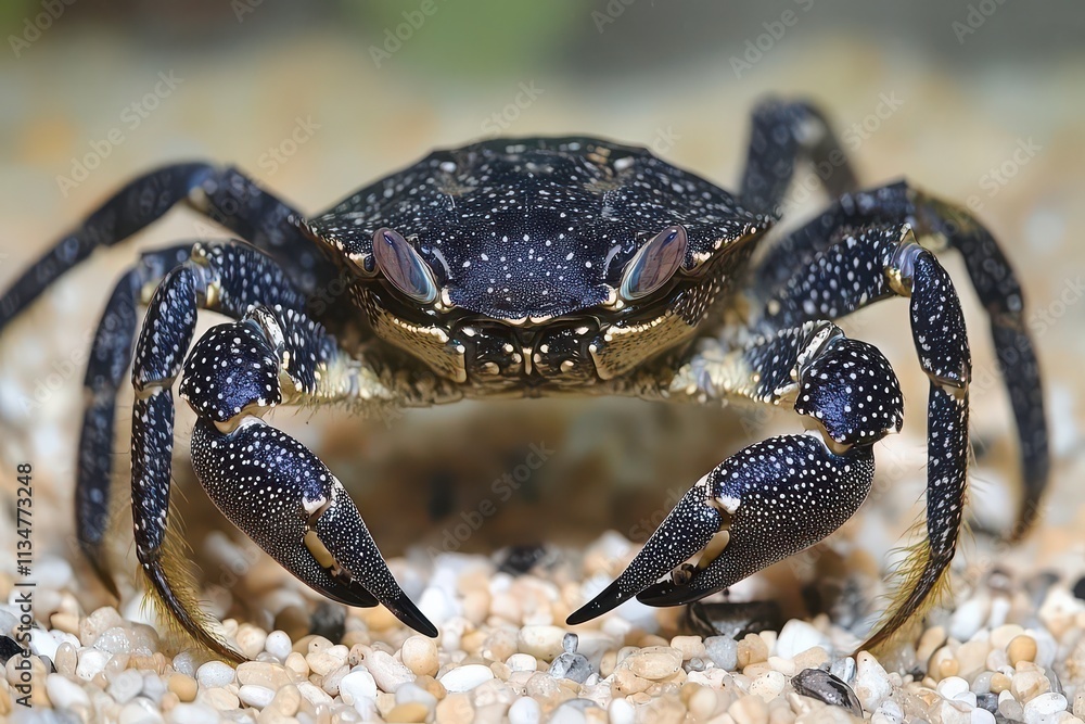 A close-up of a dark-colored crab with speckled patterns on its shell. A close-up of a dark-colored crab with speckled patterns on its shell.