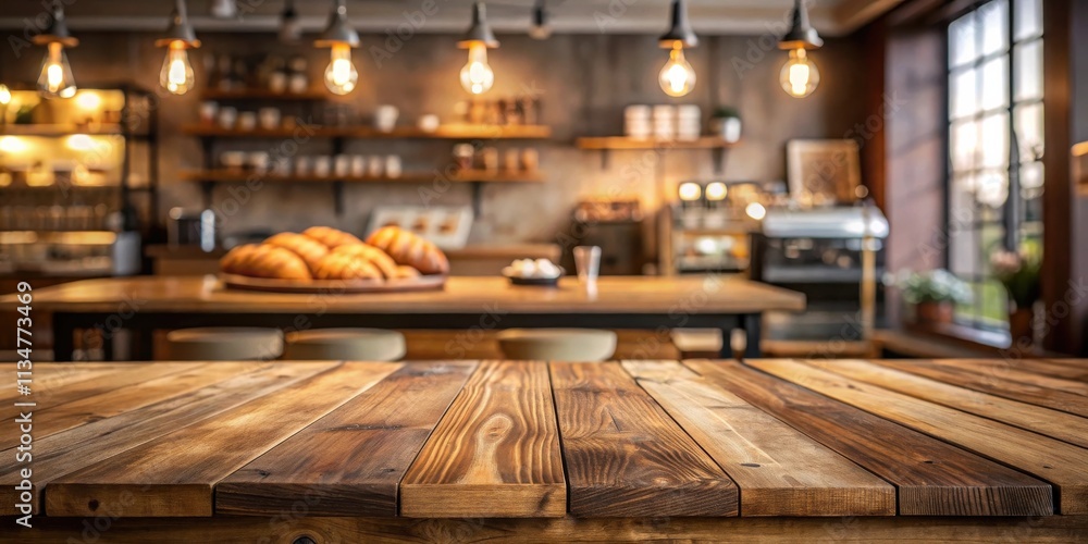 Warm Wooden Table Top in a Cozy Cafe with Blurred Background of Shelving, Lights, and Windows