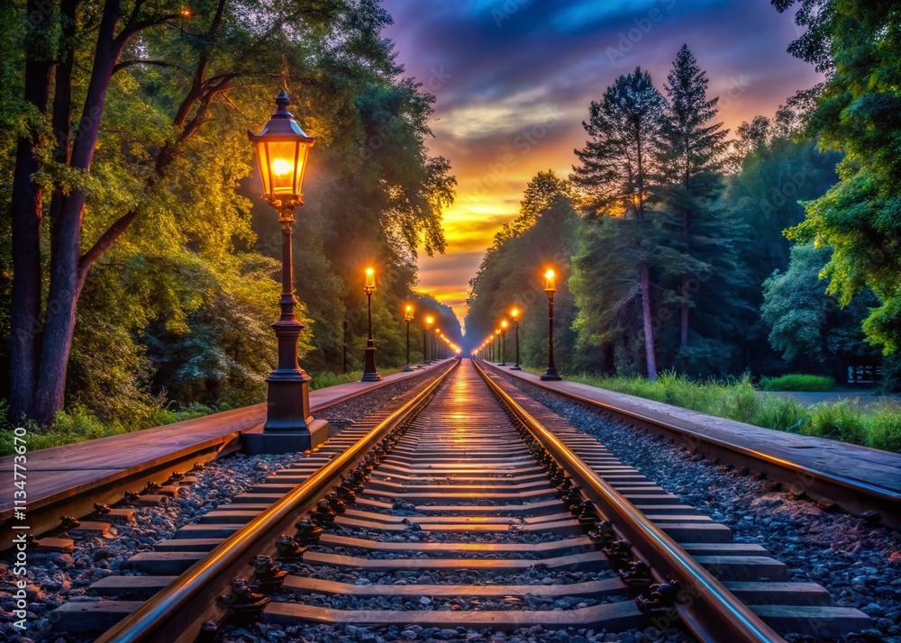 Fototapeta premium Captivating Low Light Photography of a Tranquil Railroad Scene at Dusk, Highlighting the Serenity of Steel Tracks and the Warm Glow of Lanterns Alongside the Pathway