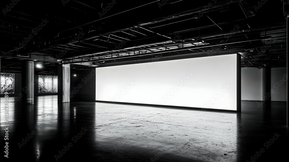 Large blank white wall in dark modern gallery space. Large blank white wall in dark modern gallery space.