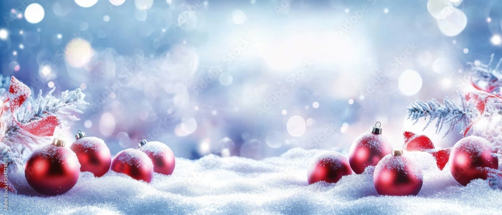 Sparkling Winter Wonderland: Red Christmas Ornaments in Snowy Scene Sparkling Winter Wonderland: Red Christmas Ornaments in Snowy Scene
