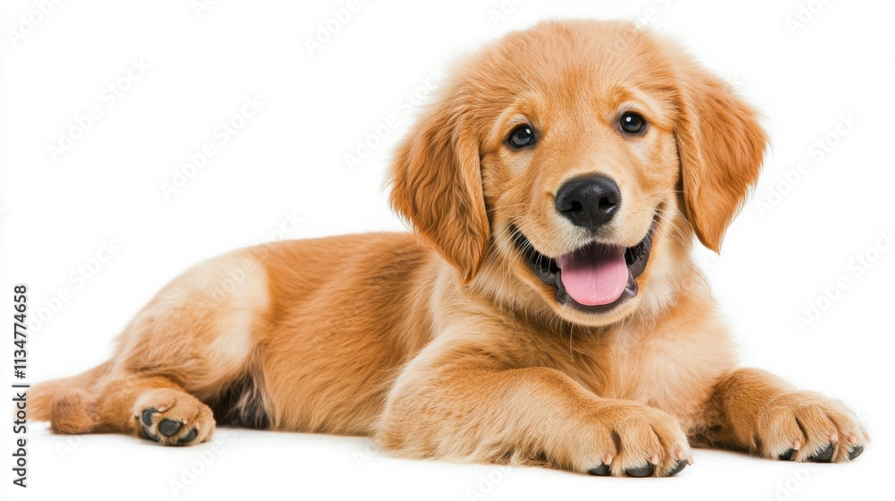 Cheerful Golden Retriever Puppy Resting on Grass Against White Background Cheerful Golden Retriever Puppy Resting on Grass Against White Background