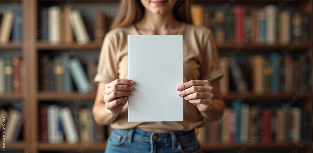 Young woman holding a blank sheet of paper for presentation in a cozy library setting Young woman holding a blank sheet of paper for presentation in a cozy library setting